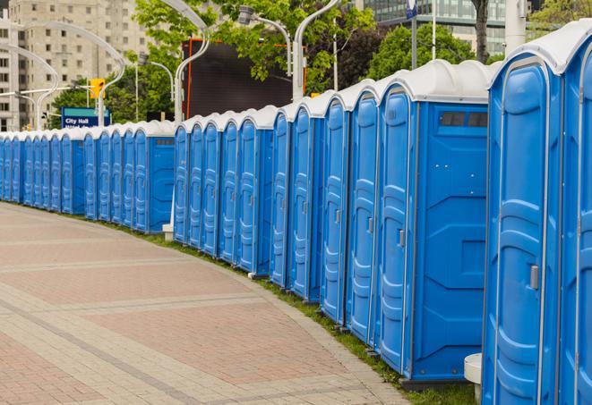 a line of brightly-colored portable restrooms, perfect for outdoor festivals and concerts in Abington PA